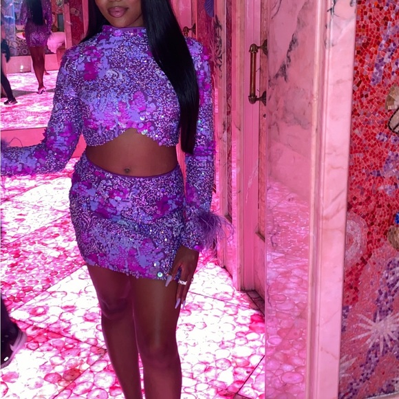 Pink & Purple Sequin Two Piece Set with Feather Sleeves - Picture 3 of 5